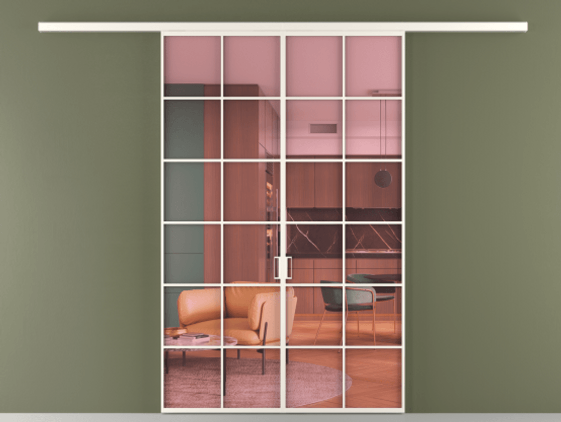 Перегородка Формато вдоль стены 2 створки АЛПР 040.05 Алюминий пудровый белый Прозрачное розовое стекло, триплекс Цена 10800 AZE | Volhovec