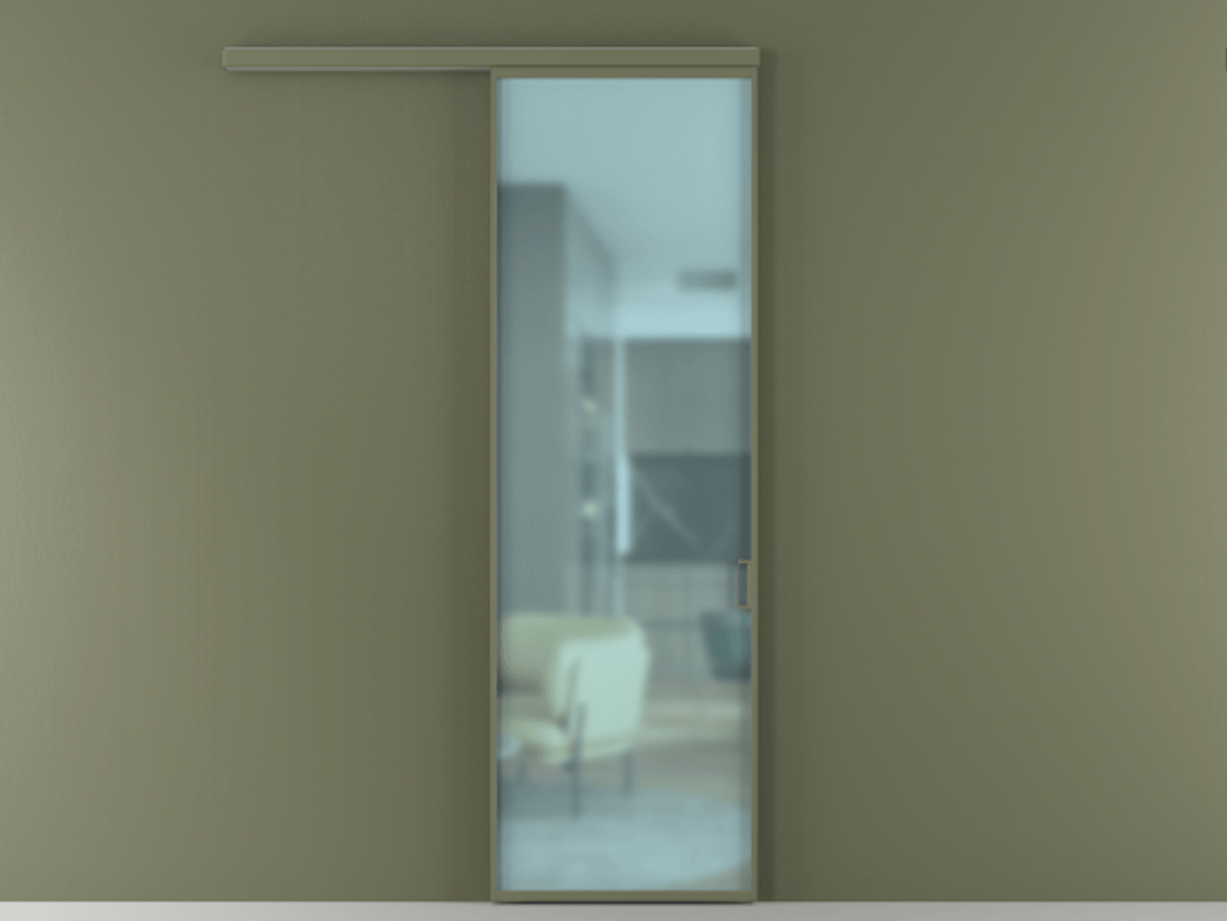 Перегородка Formato вдоль стены 1 створка АЛПР 040.01 Алюминий оливковый тёмный Сатинированное голубое стекло, триплекс Цена 5100 AZE  | Volhovec