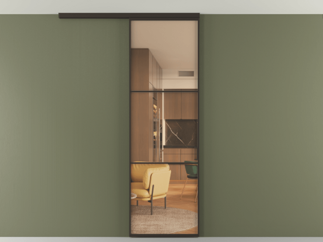 Перегородка Формато вдоль стены на потолок 1 створка АЛПР 040.03 Алюминий антрацит Прозрачное оранжевое стекло, триплекс Цена 5000 AZE | Volhovec