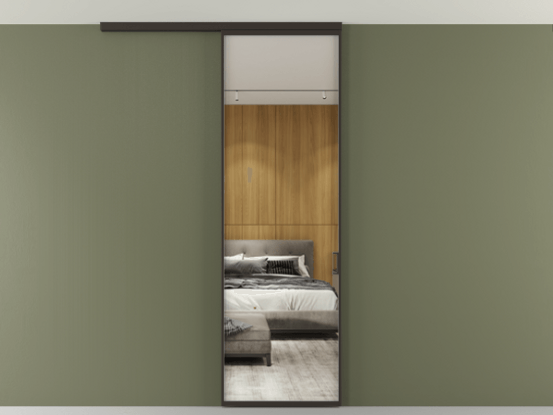 Перегородка Formato вдоль стены на потолок 1 створка АЛПР 040.01 Алюминий антрацит Двустороннее зеркало, триплекс , триплекс 6 мм Цена 649020 AMD | Volhovec