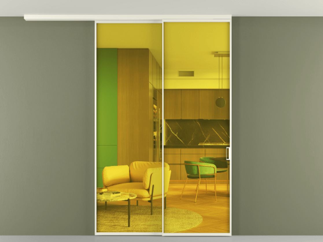 Перегородка Formato вдоль стены на потолок 2 створки с синхронным механизмом АЛПР 040.01 Алюминий жемчужный Прозрачное жёлтое стекло, триплекс Цена 14000 AZE | Volhovec