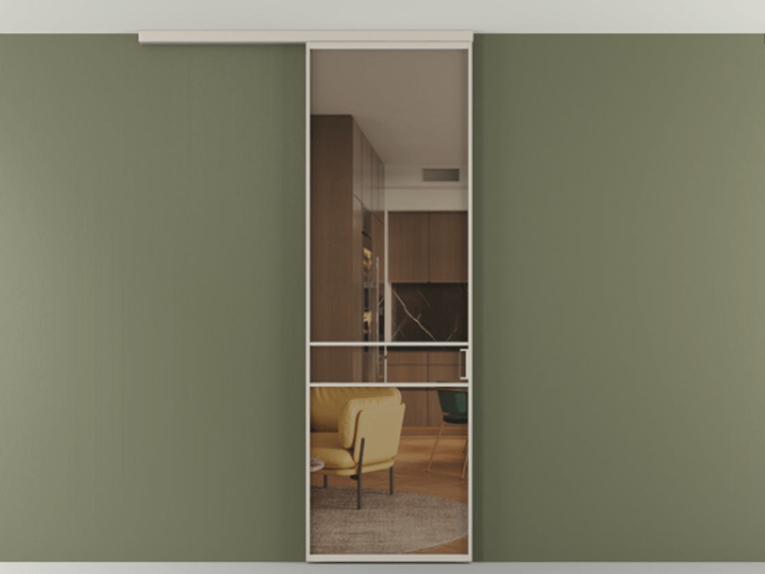 Перегородка Formato вдоль стены на потолок 1 створка АЛПР 040.02 Алюминий светло-бежевый Прозрачное бронзовое стекло, триплекс Цена 5050 AZE | Volhovec