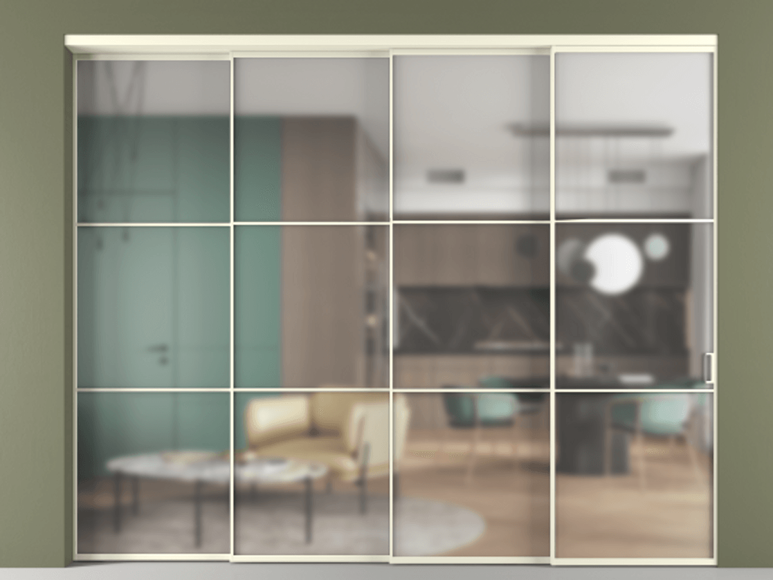 Перегородка Формато внутри проёма 4 створки с синхронным механизмом АЛПР 040.03 Алюминий молочно-белый Сатинированное стекло "Мателюкс Кристал Вижн", калёное, матовое, каленое 6 мм Цена 28970 AZE | Volhovec