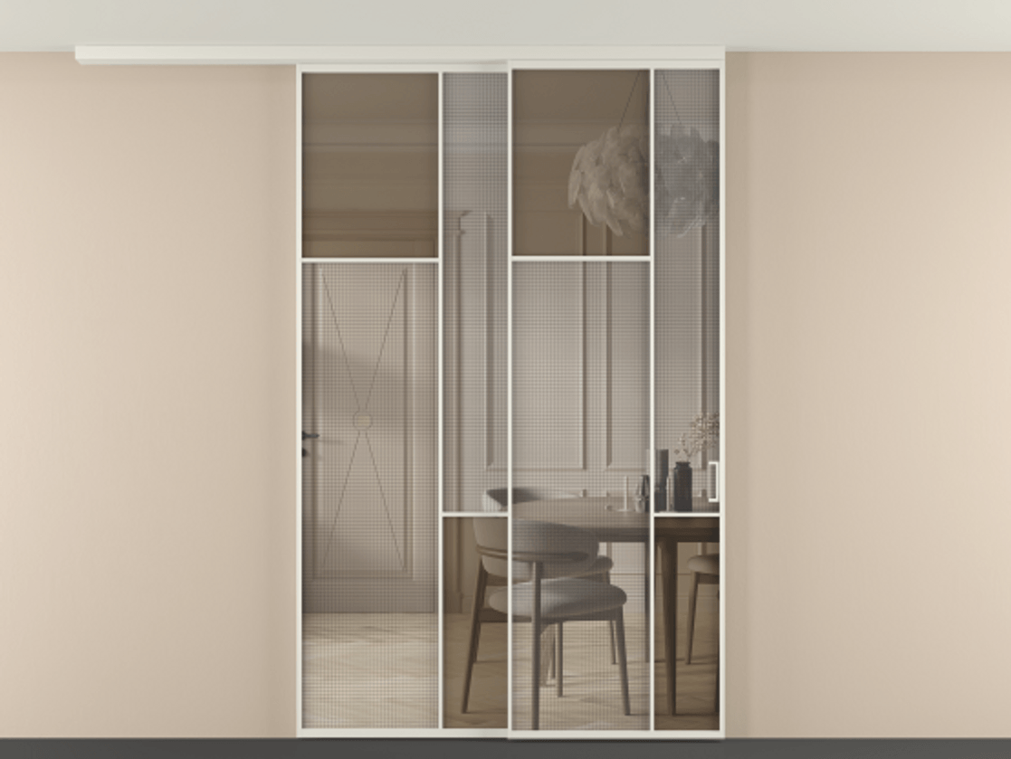 Перегородка Mosaic вдоль стены телескопик синхро-2 АЛПР 041.10 Алюминий Белый Mesh silver + Бронза прозрачное триплекс Цена 15650 AZE | Volhovec