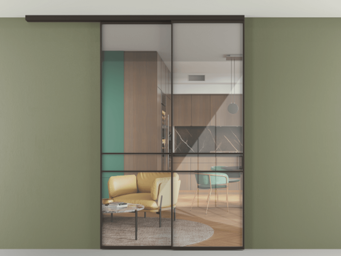 Перегородка Формато вдоль стены на потолок 2 створки с синхронным механизмом АЛПР 040.02 Алюминий антрацит Рефлективное прозрачное стекло "Стопсол", калёное Цена 15160 AZE | Volhovec