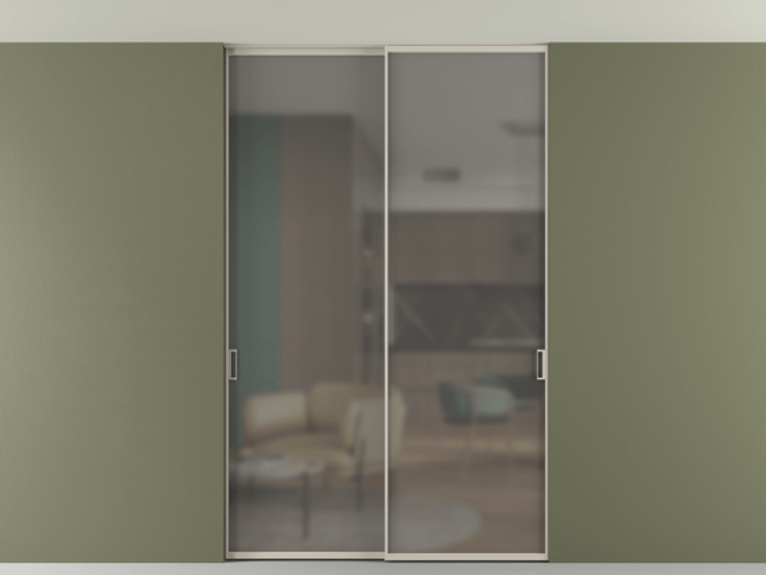 Перегородка Формато внутри проёма скрытое крепление в потолок 2 створки АЛПР 040.01 Алюминий светло-бежевый Сатинированное серое стекло, триплекс Цена 12870 AZE | Volhovec