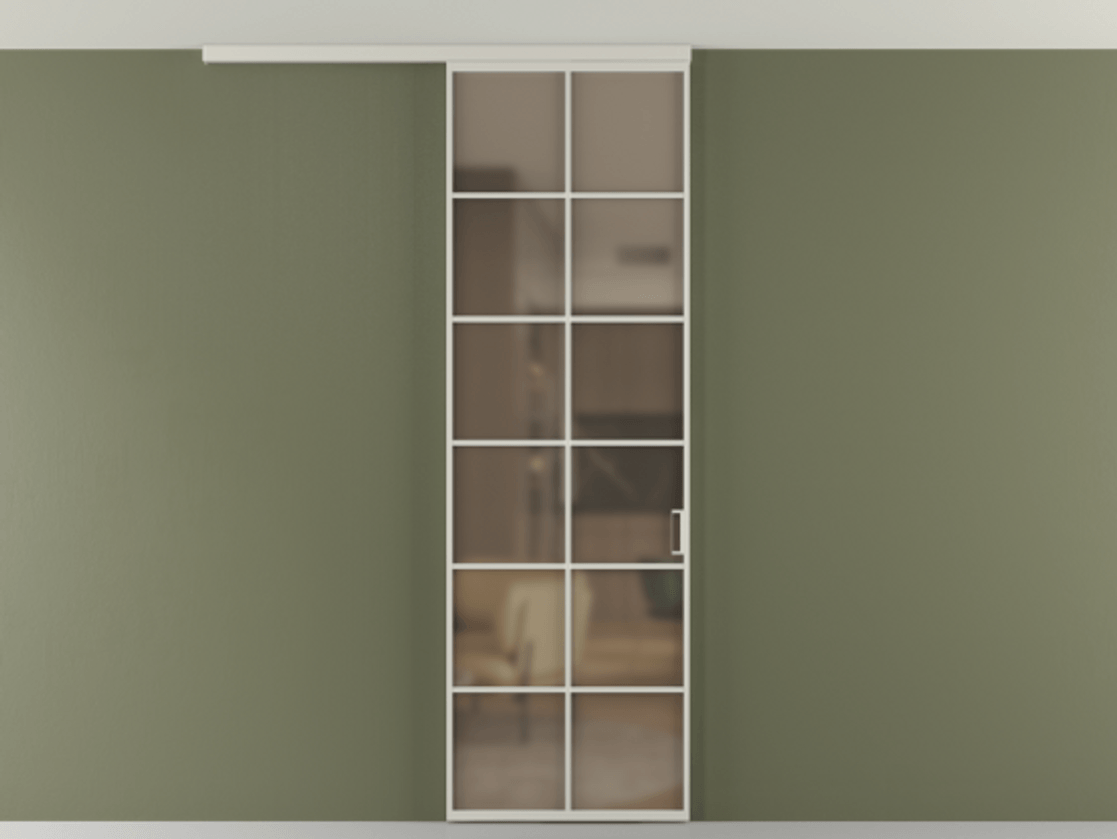 Перегородка Формато вдоль стены на потолок 1 створка АЛПР 040.05 Алюминий тёплый серый Сатинированное бронзовое стекло, триплекс Цена 5380 AZE | Volhovec