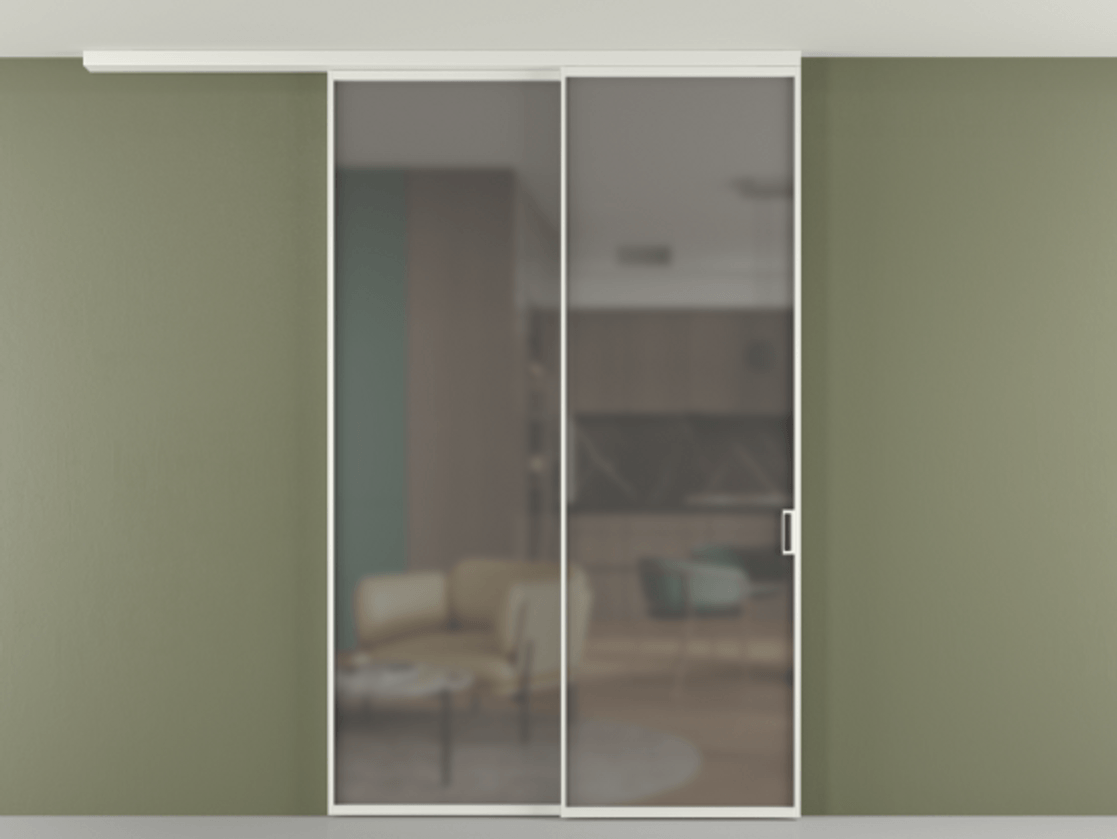 Перегородка Формато вдоль стены на потолок 2 створки с синхронным механизмом АЛПР 040.01 Алюминий светло-серый Сатинированное серое стекло, триплекс Цена 15590 AZE | Volhovec