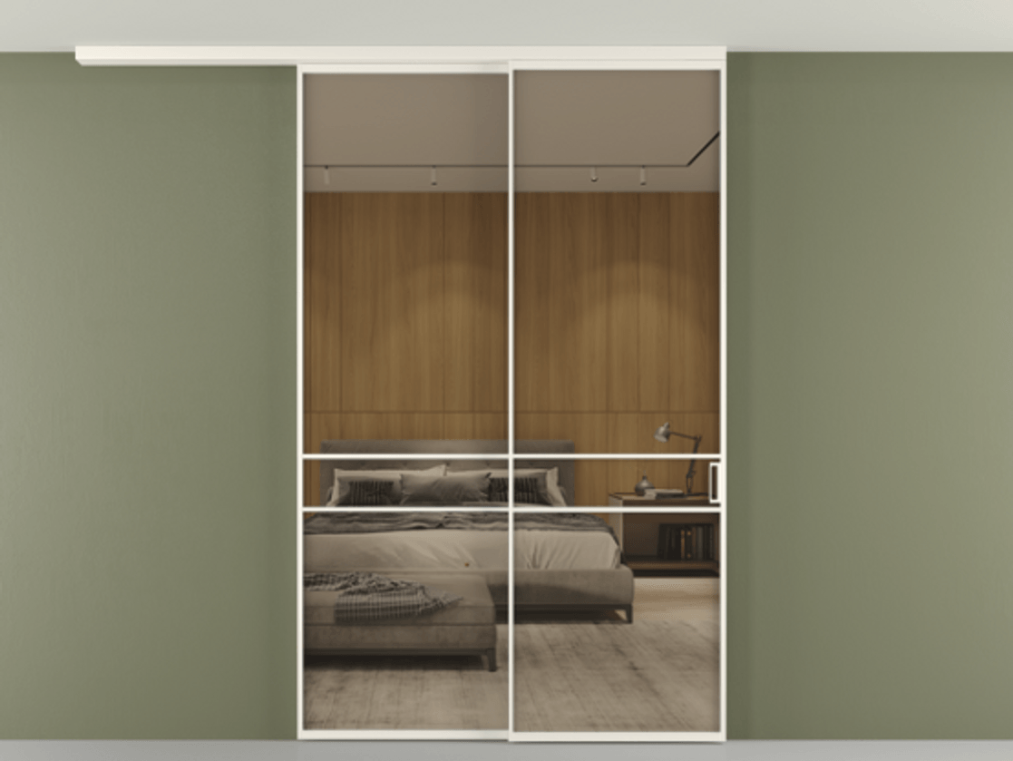 Перегородка Формато вдоль стены на потолок 2 створки с синхронным механизмом АЛПР 040.02 Алюминий пудровый белый Рефлективное бронзовое стекло "Стопсол", калёное Цена 17050 AZE | Volhovec