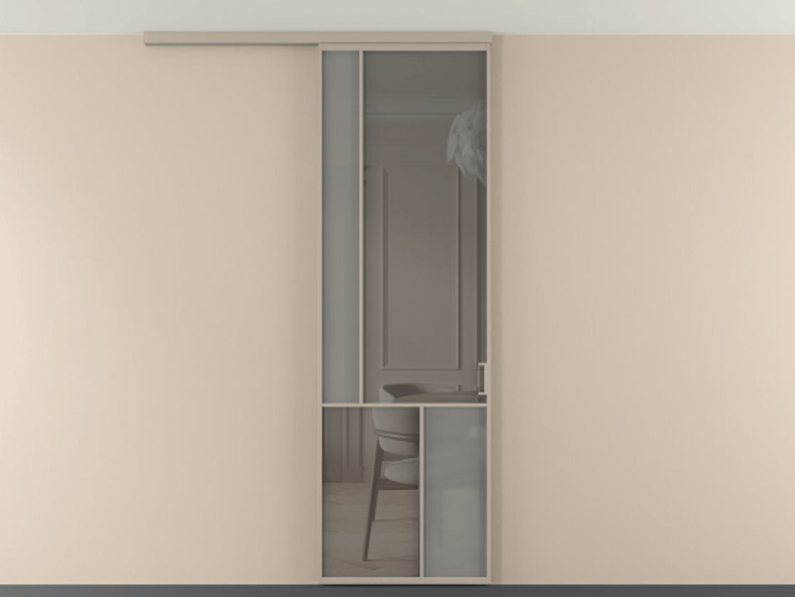 Перегородка Мозаик вдоль стены на потолок 1 створка АЛПР 041.20 Алюминий бисквитный Сатинированное серое стекло, триплекс, 6 мм + Прозрачное серое стекло, триплекс Цена 7040 AZE | Volhovec