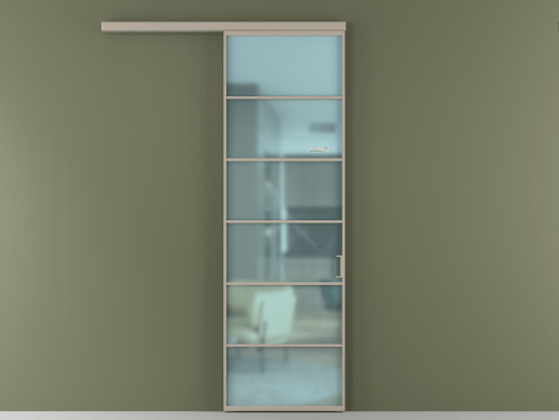 Перегородка Формато вдоль стены 1 створка АЛПР 040.04 Алюминий бисквитный Сатинированное голубое стекло, триплекс Цена 5900 AZE  | Volhovec