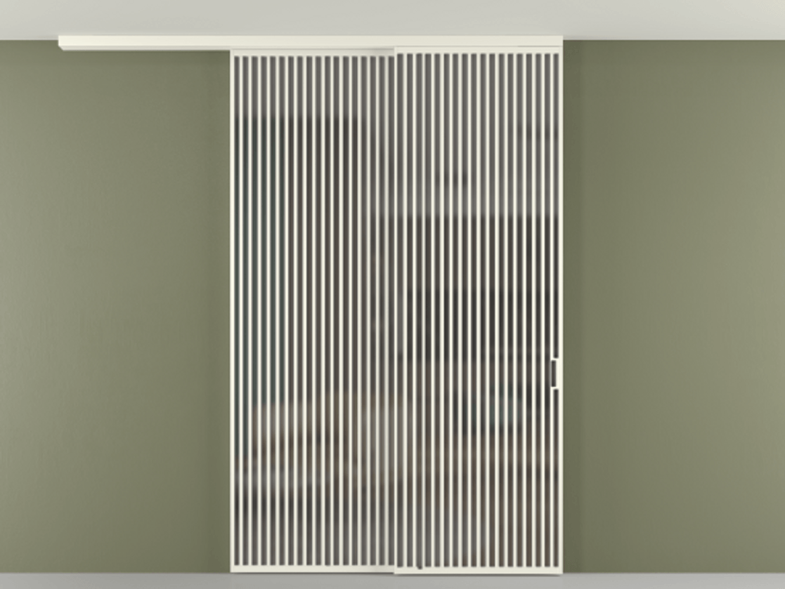 Перегородка Формато вдоль стены на потолок 2 створки с синхронным механизмом АЛПР 040.06 Алюминий жемчужный Сатинированное серое стекло, триплекс Цена 23480 AZE | Volhovec