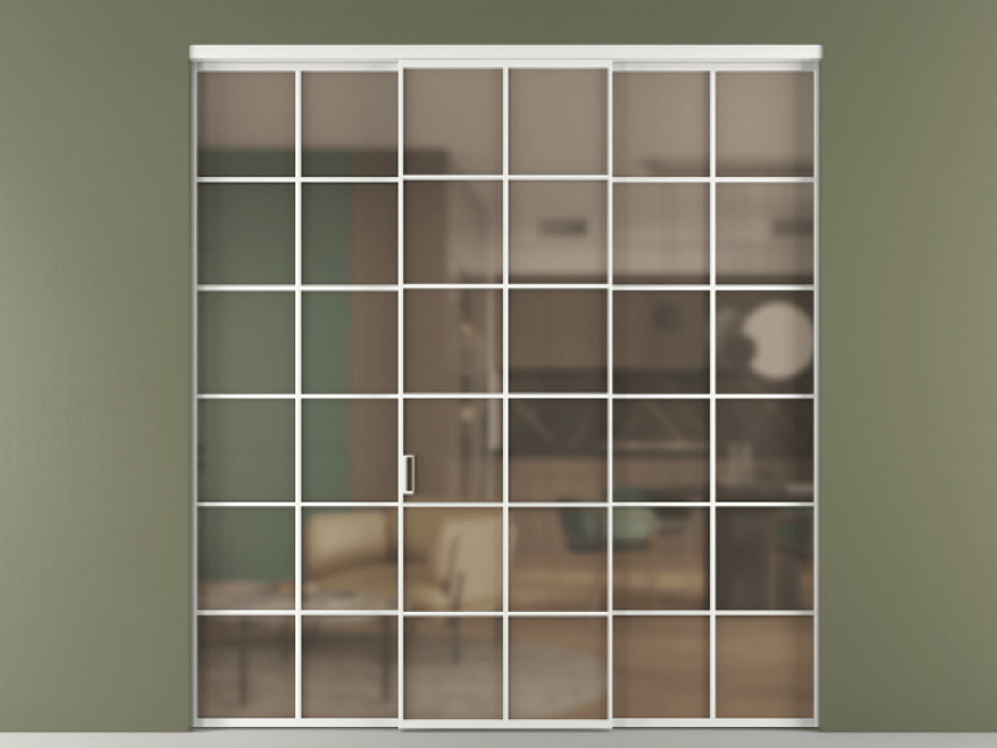 Перегородка Формато внутри проёма 3 створки АЛПР 040.05 Алюминий белоснежный Сатинированное бронзовое стекло, триплекс Цена 13280 AZE | Volhovec