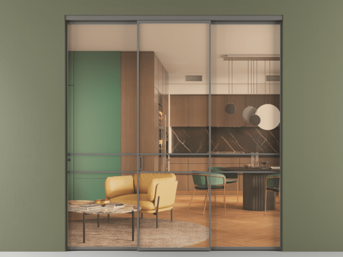 Перегородка Formato внутри проёма 3 створки АЛПР 040.02 Алюминий классический серый Прозрачное оранжевое стекло, триплекс Цена 261000 ₽ | Volhovec