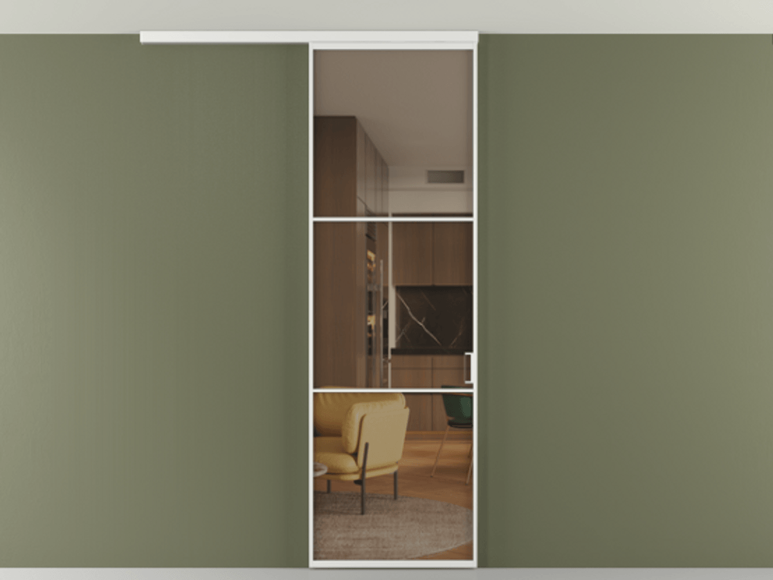 Перегородка Формато вдоль стены на потолок 1 створка АЛПР 040.03 Алюминий белоснежный Прозрачное бронзовое стекло, триплекс Цена 5050 AZE | Volhovec