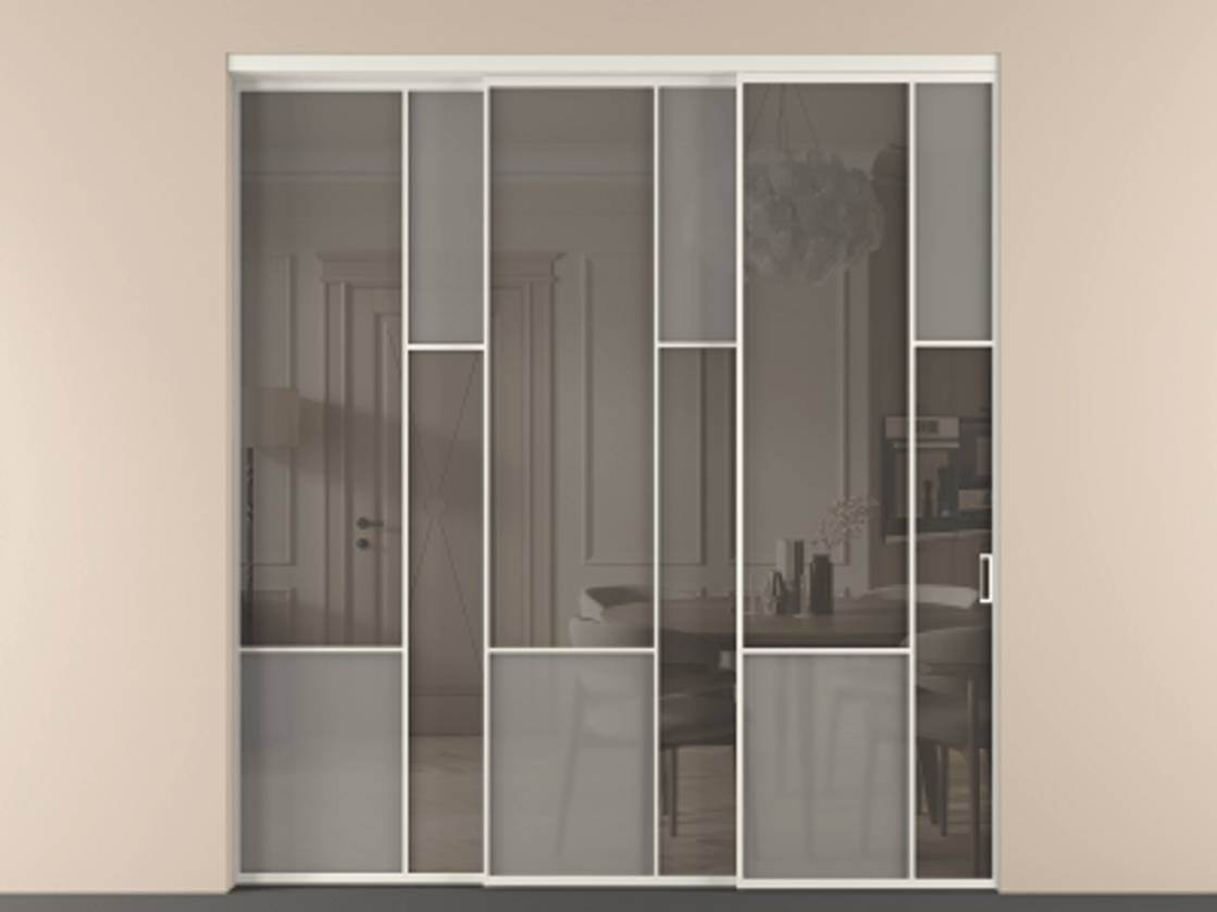 Перегородка Мозаик внутри проёма 3 створки с синхронным механизмом АЛПР 041.12 Алюминий жемчужный Сатинированное серое стекло, триплекс, 6 мм + Прозрачное серое стекло, триплекс Цена 22800 AZE | Volhovec