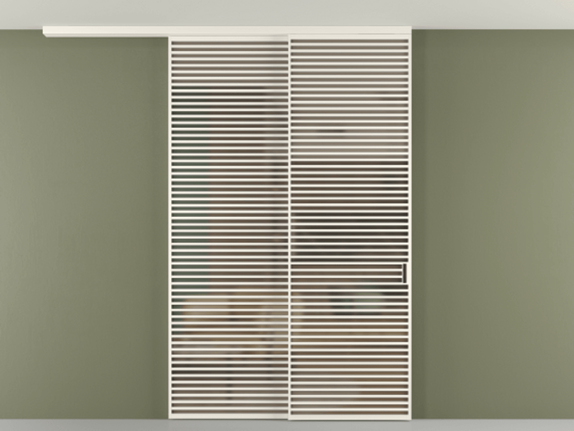 Перегородка Формато вдоль стены на потолок 2 створки с синхронным механизмом АЛПР 040.07 Алюминий пудровый белый Сатинированное бронзовое стекло, триплекс Цена 27450 AZE | Volhovec