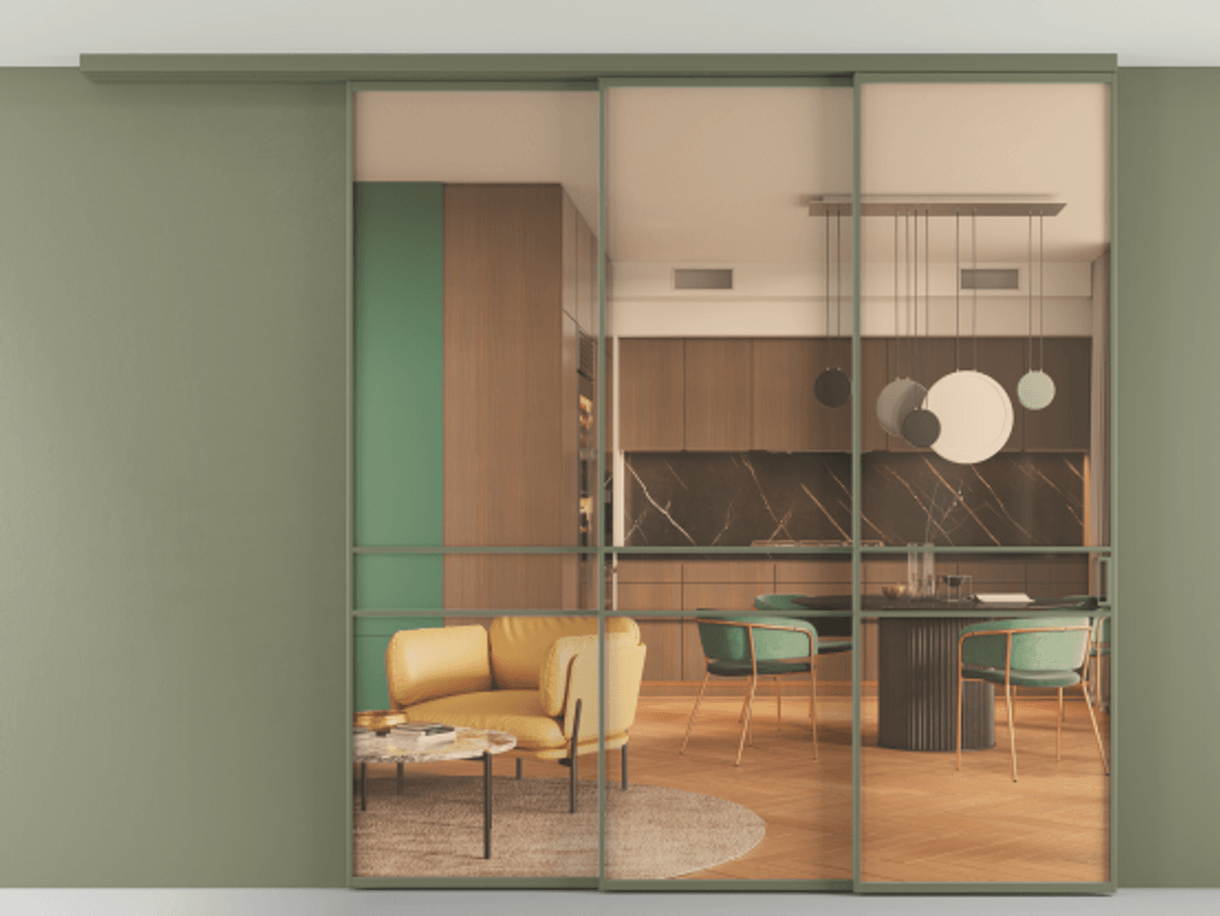 Перегородка Formato вдоль стены на потолок 3 створки с синхронным механизмом АЛПР 040.02 Алюминий оливковый тёмный Прозрачное оранжевое стекло, триплекс Цена 20700 AZE | Volhovec