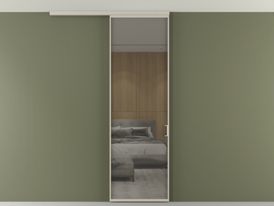 Перегородка Formato вдоль стены на потолок 1 створка АЛПР 040.01 Алюминий светло-бежевый Рефлективное серое стекло "Стопсол", калёное Цена 6230 AZE | Volhovec