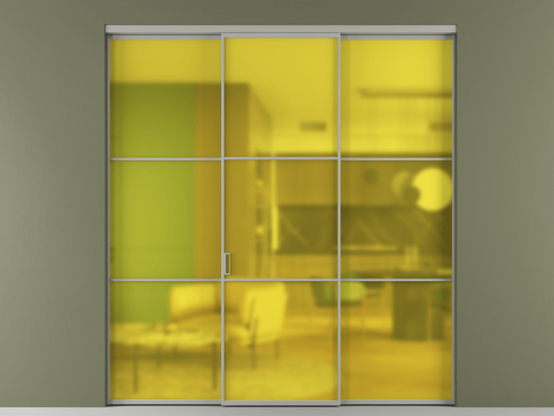 Перегородка Формато внутри проёма 3 створки АЛПР 040.03 Алюминий нейтральный серый Сатинированное жёлтое стекло, триплекс Цена 12400 AZE | Volhovec