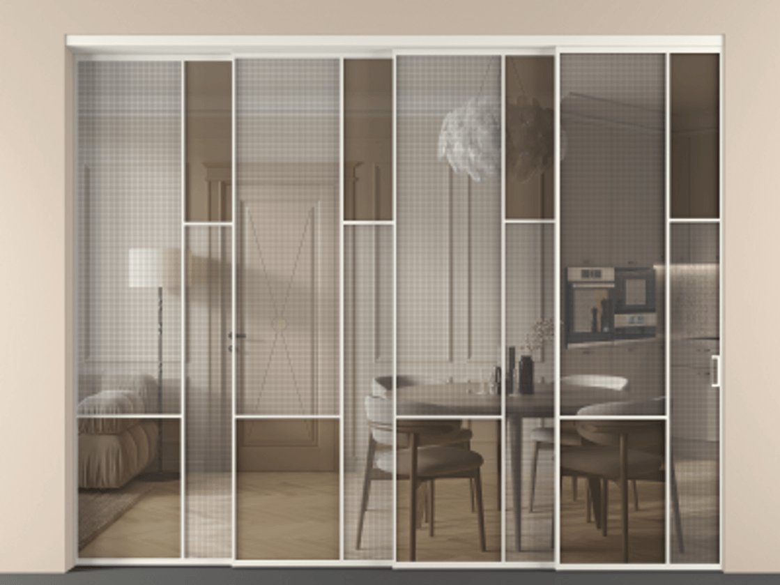 Перегородка Mosaic внутри проема телескопик синхро-4 АЛПР 041.12 Алюминий Белый Mesh silver + Бронза прозрачное триплекс Цена 28280 AZE | Volhovec