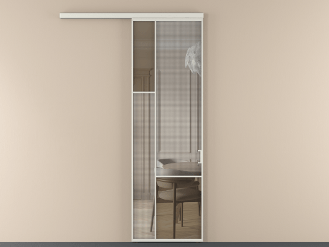 Перегородка Mosaic вдоль стены 1 створка АЛПР 041.13 Алюминий серый Декоративное стекло с сеткой "Mesh silver", триплекс, 6 мм + Прозрачное бронзовое стекло, триплекс Цена 7460 AZE | Volhovec