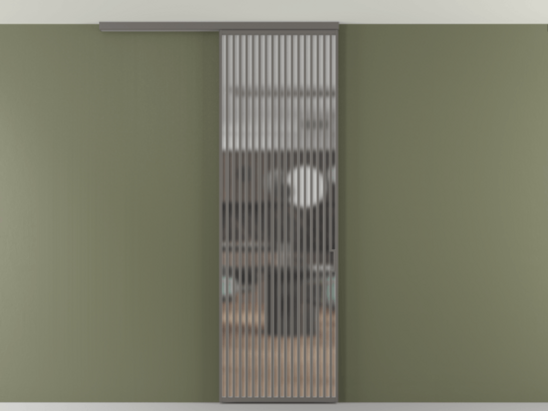 Перегородка Формато вдоль стены на потолок 1 створка АЛПР 040.06 Алюминий классический серый Сатинированное стекло "Мателюкс Кристал Вижн", калёное, матовое, каленое 6 мм Цена 10090 AZE | Volhovec