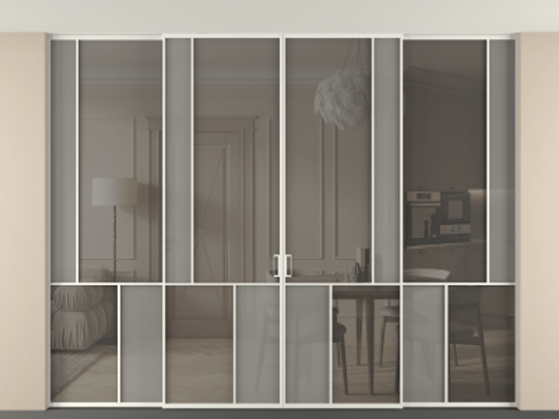 Перегородка Mosaic внутри проёма скрытое крепление в потолок 4 створки АЛПР 041.21 Алюминий Белый Декоративное стекло с сеткой "Mesh silver", триплекс, 6 мм + Прозрачное бронзовое стекло, триплекс Цена 31180 AZE | Volhovec