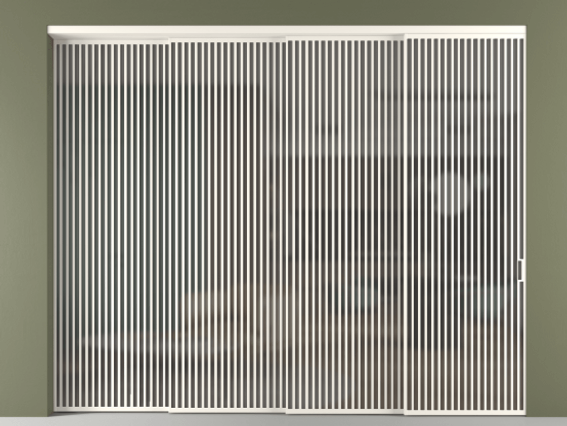 Перегородка Формато внутри проёма 4 створки с синхронным механизмом АЛПР 040.06 Алюминий пудровый белый Сатинированное серое стекло, триплекс Цена 40520 AZE | Volhovec