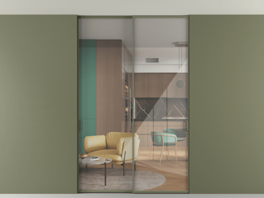 Перегородка Formato внутри проёма скрытое крепление в потолок 2 створки АЛПР 040.01 Алюминий оливковый тёмный Рефлективное прозрачное стекло "Stopsol", калёное Цена 15310 AZE | Volhovec