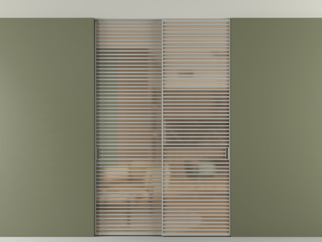 Перегородка Формато внутри проёма скрытое крепление в потолок 2 створки АЛПР 040.07 Алюминий нейтральный серый Сатинированное оранжевое стекло, триплекс Цена 409915 ₽ | Volhovec