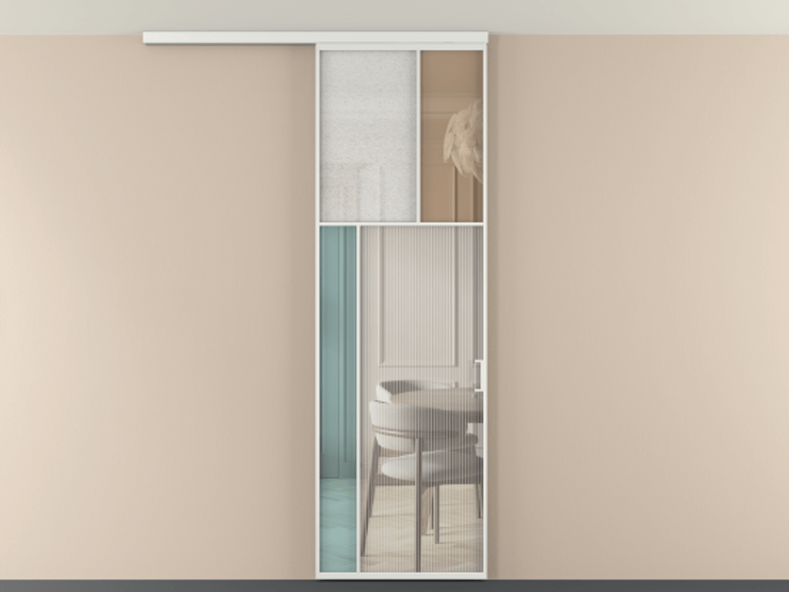 Перегородка Мозаик вдоль стены на потолок 1 створка АЛПР 041.22 Алюминий белоснежный Комбинация стекол Группы 1 и Группы 3 Цена 7400 AZE | Volhovec