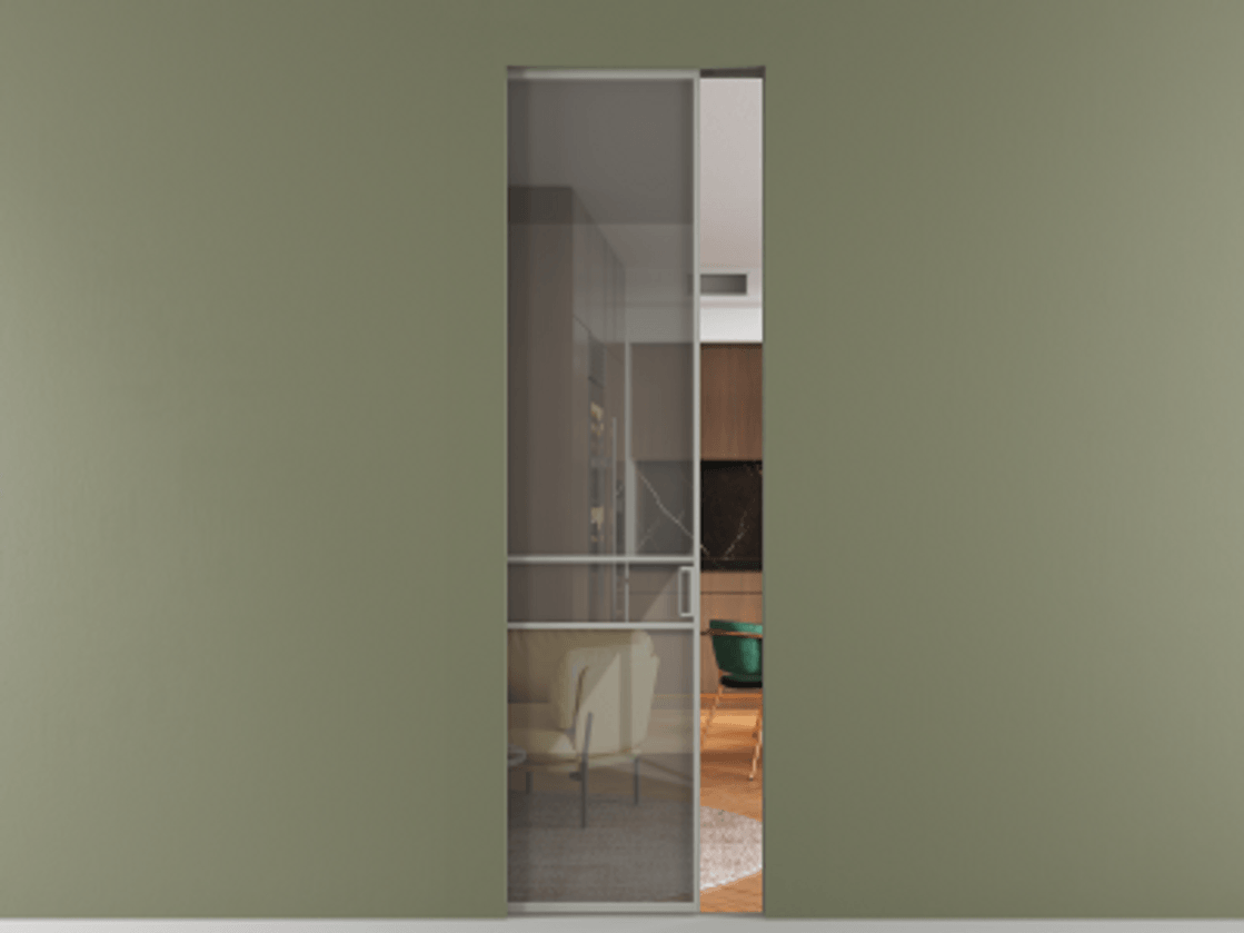 Перегородка Formato скрытый пенал 1 створка АЛПР 040.02 Алюминий нейтральный серый Рефлективное серое стекло "Stopsol", калёное Цена 9300 AZE | Volhovec