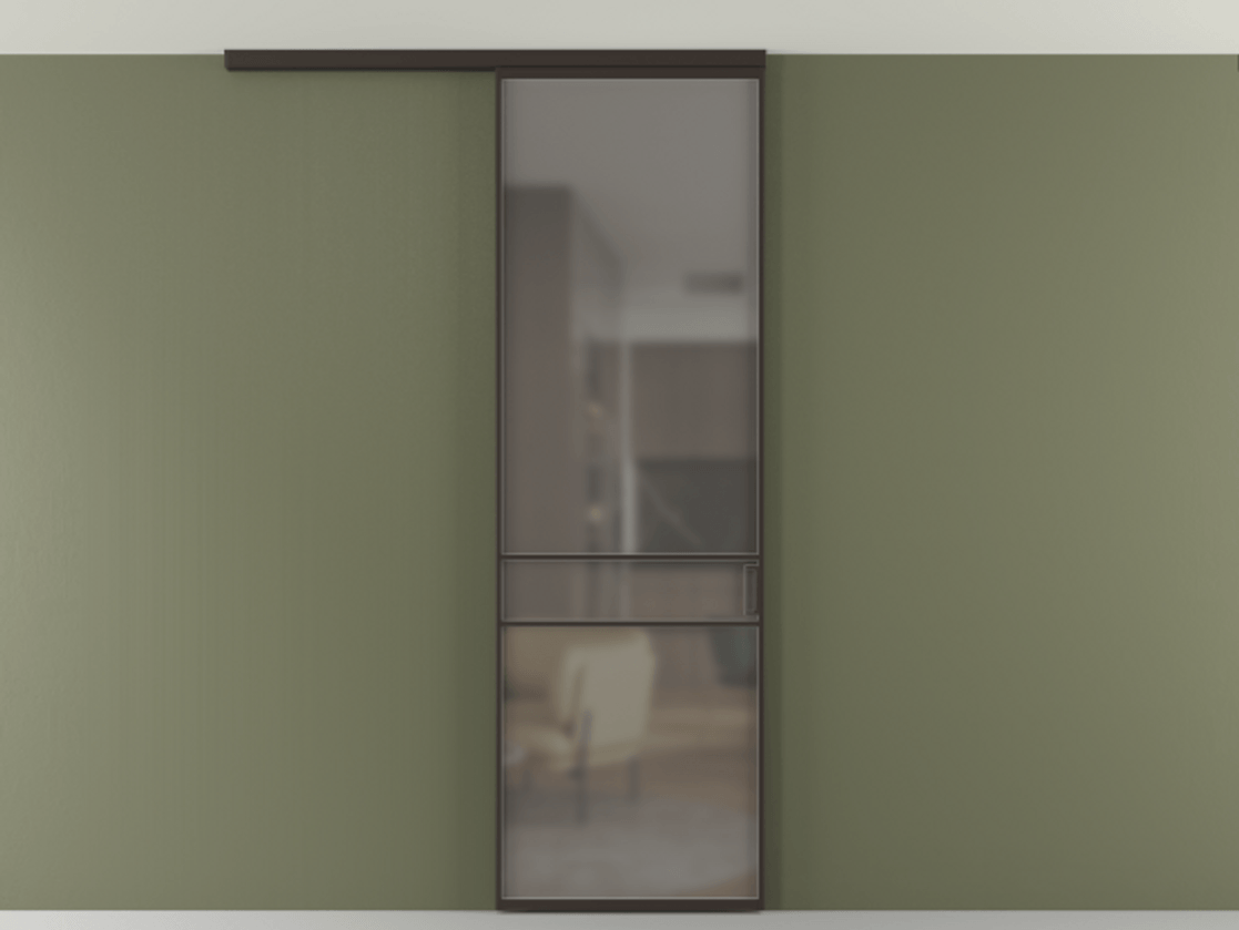 Перегородка Формато вдоль стены на потолок 1 створка АЛПР 040.02 Алюминий антрацит Сатинированное серое стекло, триплекс Цена 5050 AZE | Volhovec