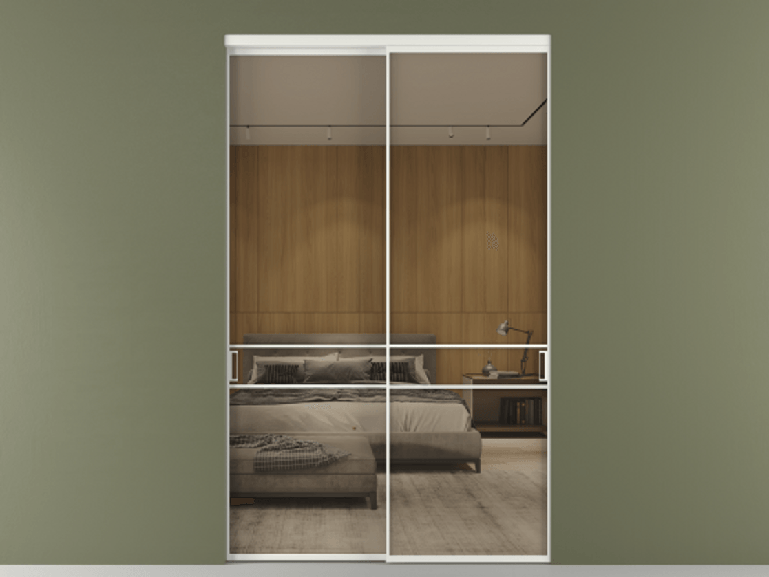 Перегородка Формато внутри проёма 2 створки АЛПР 040.02 Алюминий светло-серый Рефлективное бронзовое стекло "Стопсол", калёное Цена 24930 AZE  | Volhovec