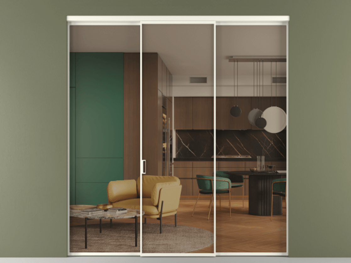 Перегородка Formato внутри проёма 3 створки АЛПР 040.01 Алюминий жемчужный Прозрачное бронзовое стекло, триплекс Цена 11730 AZE | Volhovec