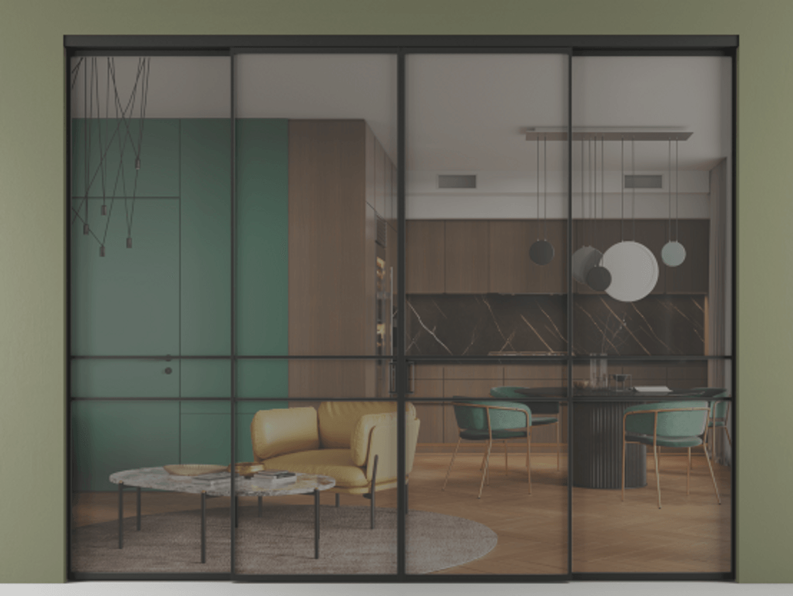 Перегородка Формато внутри проёма 4 створки АЛПР 040.02 Алюминий Черный Прозрачное серое стекло, триплекс Цена 19870 AZE  | Volhovec