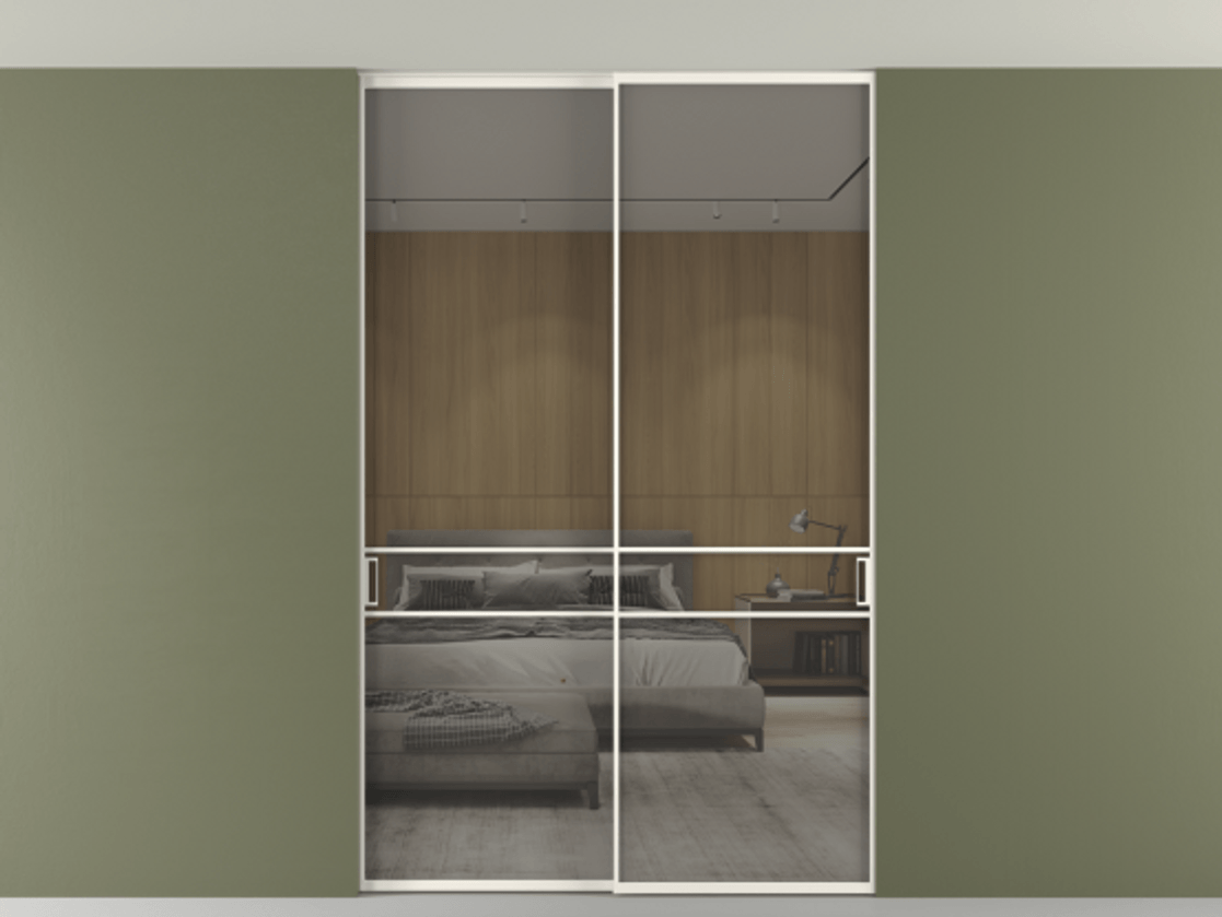 Перегородка Формато внутри проёма скрытое крепление в потолок 2 створки АЛПР 040.02 Алюминий пудровый белый Рефлективное серое стекло "Стопсол", калёное Цена 15930 AZE | Volhovec