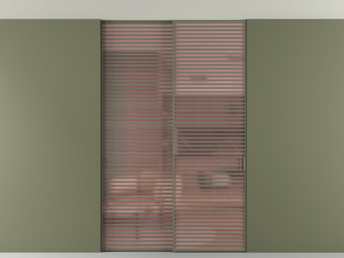 Перегородка Формато внутри проёма скрытое крепление в потолок 2 створки АЛПР 040.07 Алюминий оливковый тёмный Сатинированное розовое стекло, триплекс Цена 21400 AZE | Volhovec