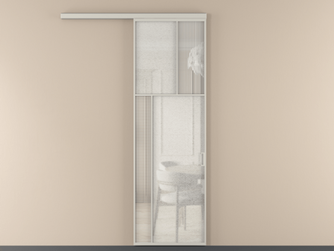 Перегородка Mosaic вдоль стены 1 створка АЛПР 041.22 Алюминий тёплый серый Рифлёное стекло "Дюна", триплекс, 6 мм + Фактурное стекло "Лёд", триплекс Цена 7560 AZE | Volhovec