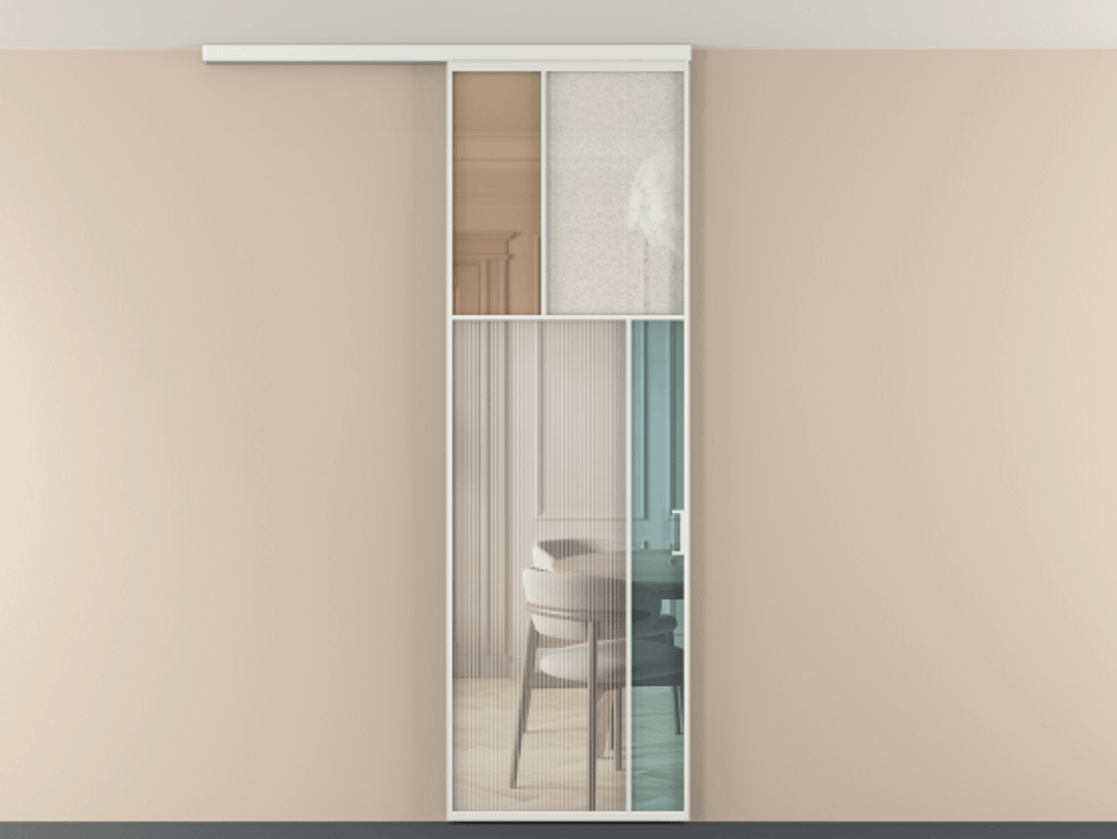 Перегородка Мозаик вдоль стены на потолок 1 створка АЛПР 041.23 Алюминий белоснежный Комбинация стекол Группы 1 и Группы 3 Цена 7400 AZE | Volhovec