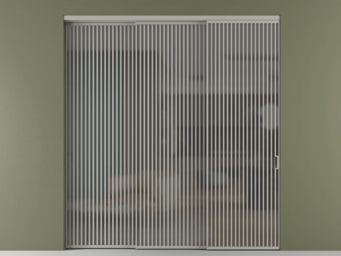 Перегородка Формато внутри проёма 3 створки с синхронным механизмом АЛПР 040.06 Алюминий нейтральный серый Сатинированное серое стекло, триплекс Цена 30220 AZE  | Volhovec