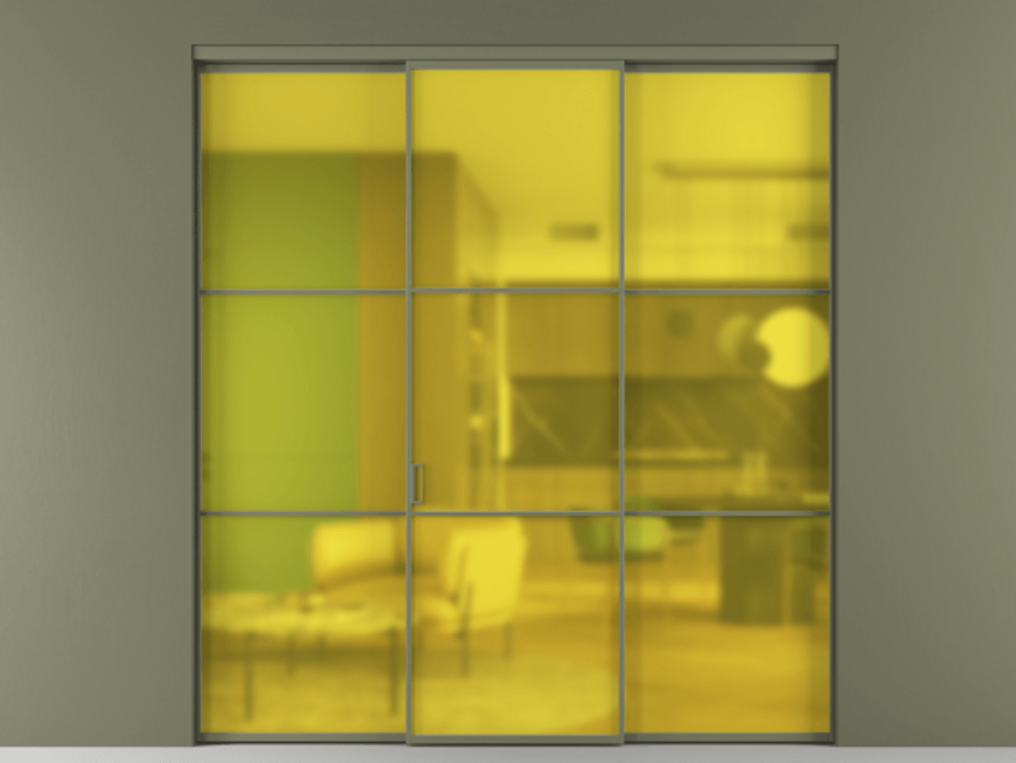 Перегородка Формато внутри проёма 3 створки АЛПР 040.03 Алюминий оливковый тёмный Сатинированное жёлтое стекло, триплекс Цена 12400 AZE | Volhovec