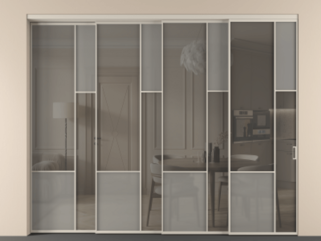 Перегородка Мозаик внутри проёма 4 створки с синхронным механизмом АЛПР 041.12 Алюминий светло-бежевый Сатинированное серое стекло, триплекс, 6 мм + Прозрачное серое стекло, триплекс. Цена 30620 AZE . Фабрика дверей Волховец 8 (800) 551 43 19 Перегородка Мозаик внутри проёма 4 створки с синхронным механизмом АЛПР 041.12 Алюминий светло-бежевый Сатинированное серое стекло, триплекс, 6 мм + Прозрачное серое стекло, триплекс Цена 30620 AZE | Volhovec