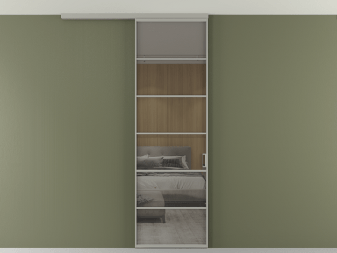 Перегородка Формато вдоль стены на потолок 1 створка АЛПР 040.04 Алюминий нейтральный серый Рефлективное серое стекло "Стопсол", калёное Цена 6990 AZE | Volhovec