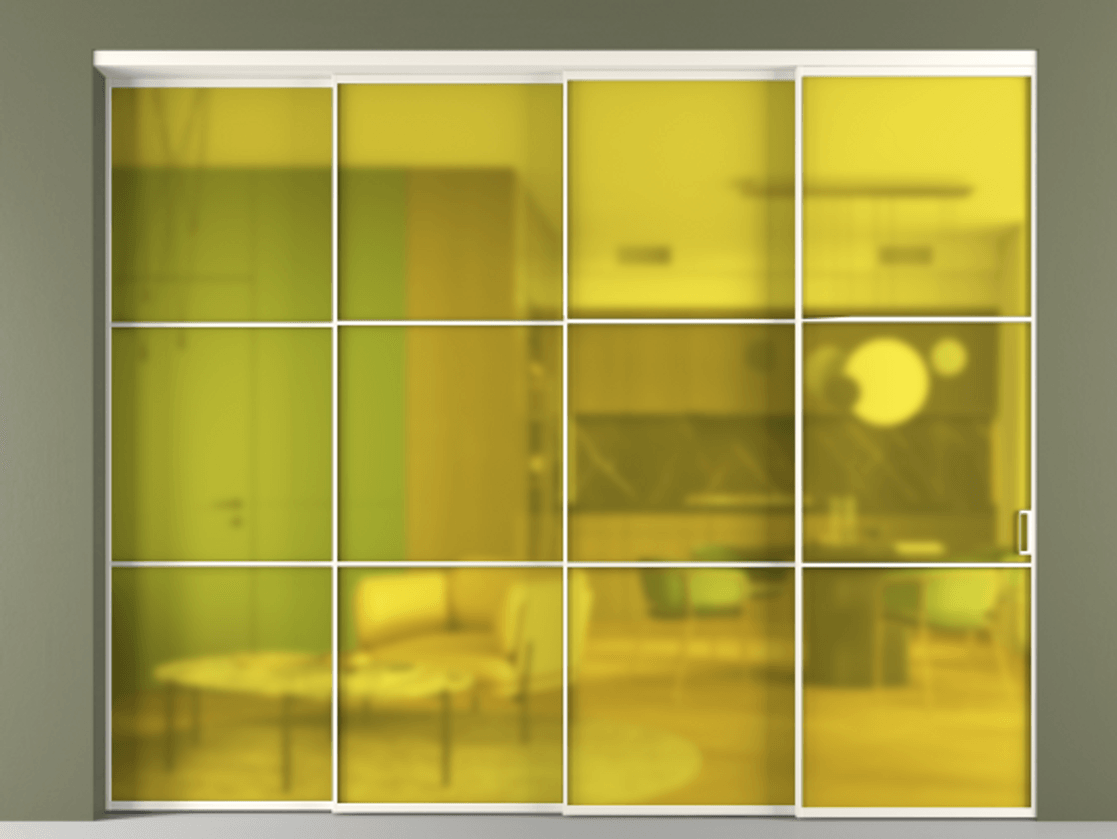 Перегородка Formato внутри проёма 4 створки с синхронным механизмом АЛПР 040.03 Алюминий пудровый белый Сатинированное жёлтое стекло, триплекс Цена 27300 AZE | Volhovec