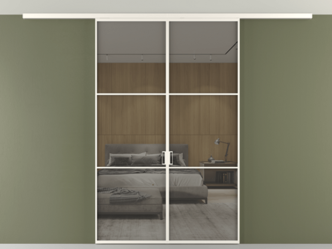 Перегородка Формато вдоль стены на потолок 2 створки АЛПР 040.03 Алюминий пудровый белый Рефлективное серое стекло "Стопсол", калёное Цена 12710 AZE | Volhovec