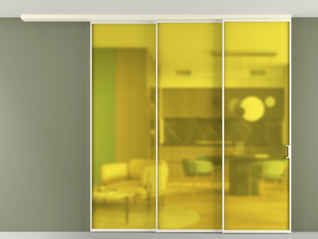 Перегородка Формато вдоль стены на потолок 3 створки с синхронным механизмом АЛПР 040.01 Алюминий молочно-белый Сатинированное жёлтое стекло, триплекс Цена 19900 AZE | Volhovec