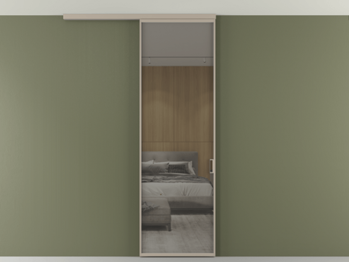 Перегородка Formato вдоль стены на потолок 1 створка АЛПР 040.01 Алюминий бисквитный Рефлективное серое стекло "Стопсол", калёное Цена 6230 AZE | Volhovec