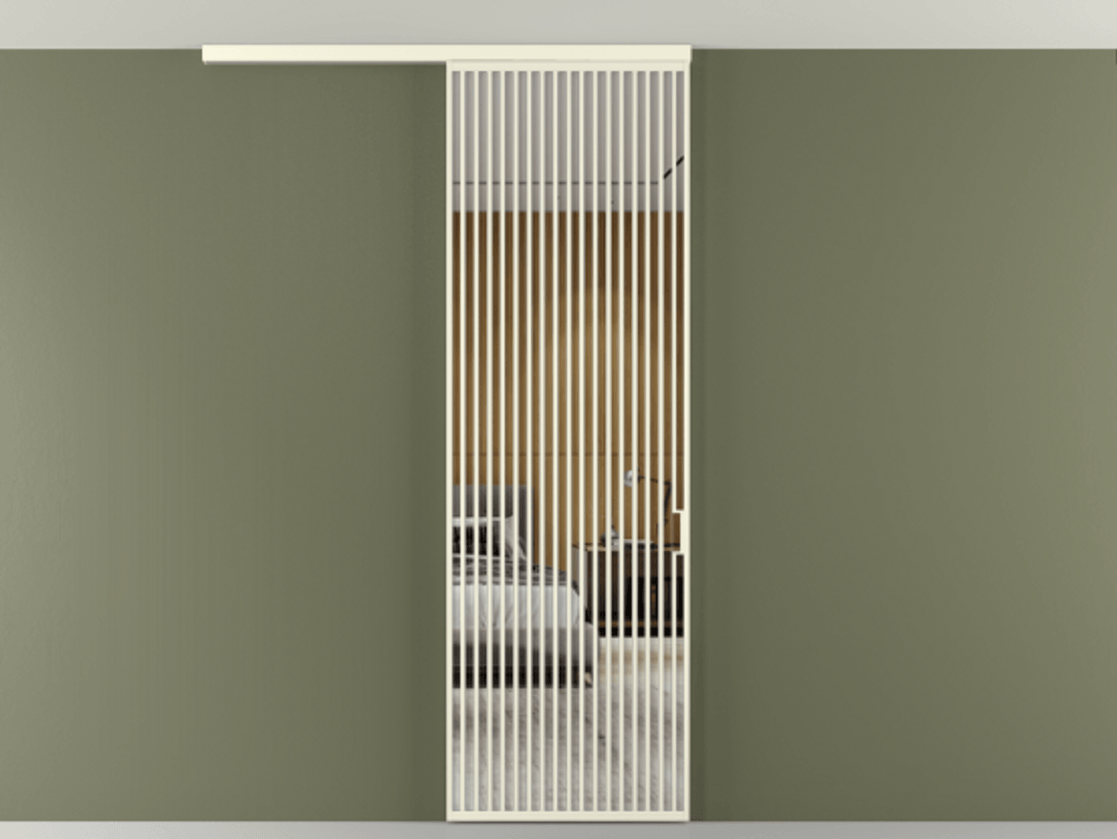 Перегородка Формато вдоль стены на потолок 1 створка АЛПР 040.06 Алюминий молочно-белый Двустороннее зеркало, триплекс , триплекс 6 мм Цена 9760 AZE | Volhovec